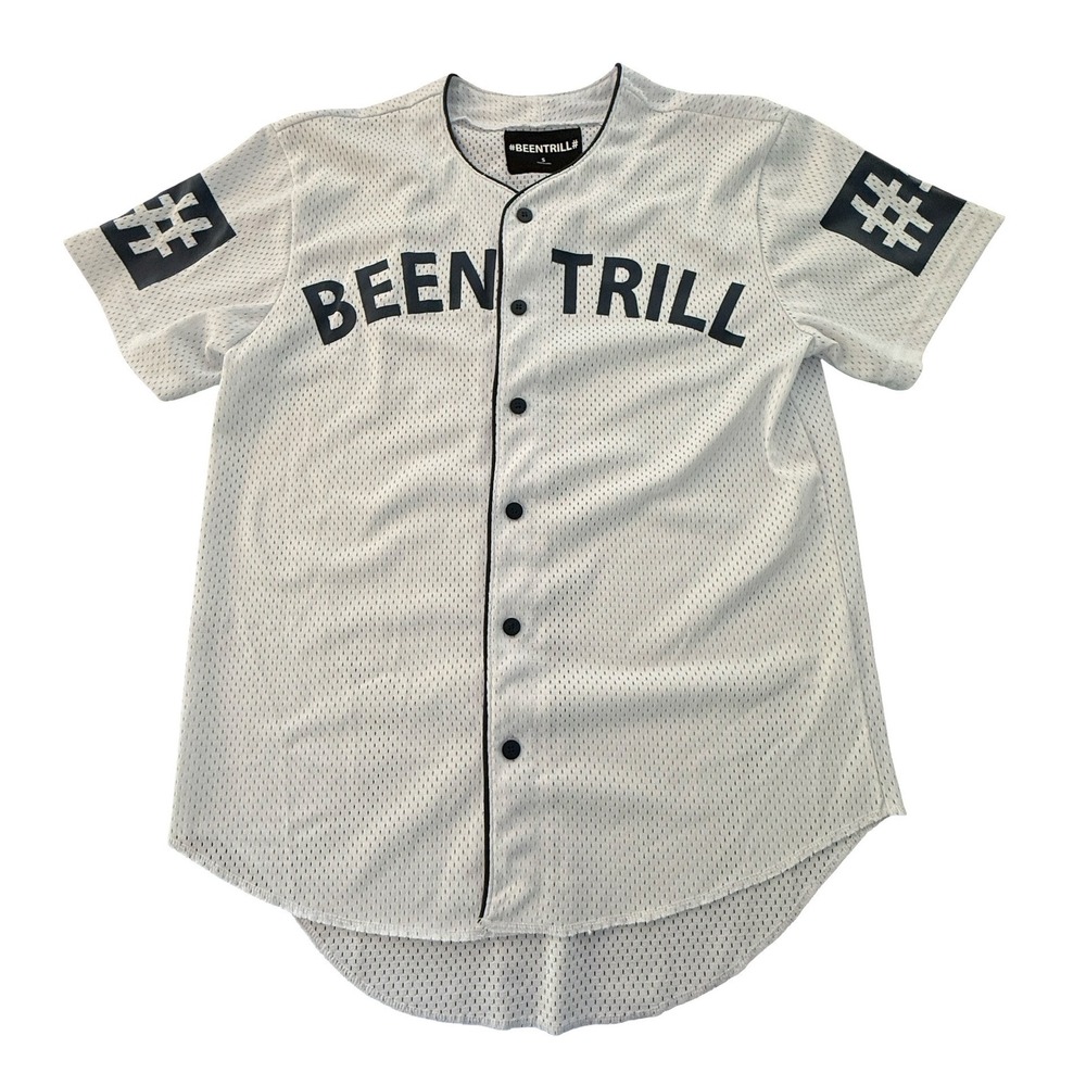 Been Trill Baseball Jersey Mens Small White Mesh Hashtag Streetwear Shirt